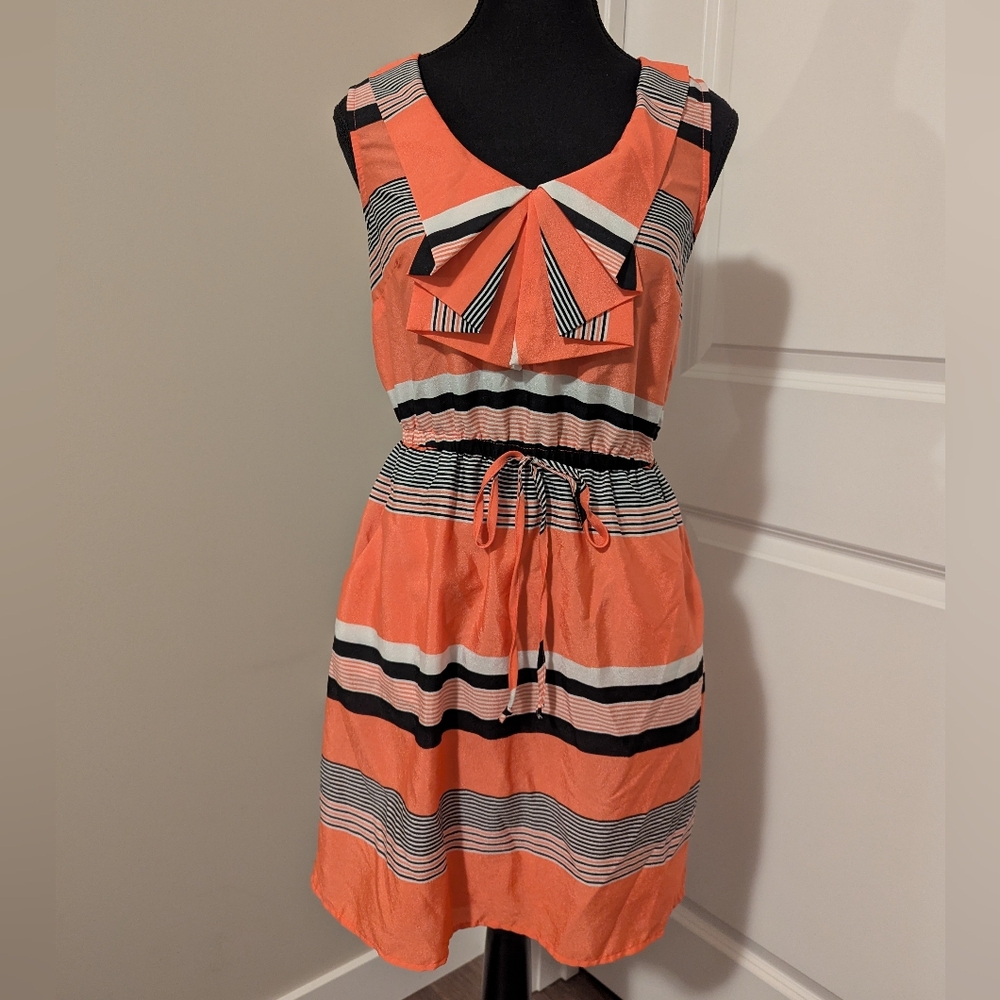 BEBOP | Coral Striped Sleeveless Dress with Bow Detail, Stretchy Waist, Medium
